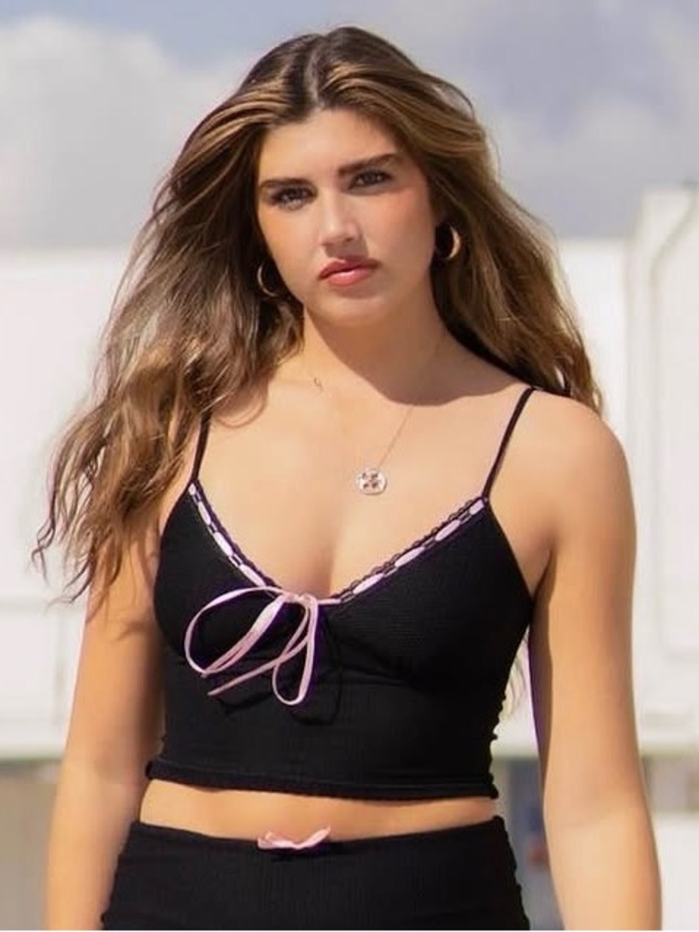 Y2K Black and Pink Ribbon-Trim Camisole Top - Picture 6 of 6